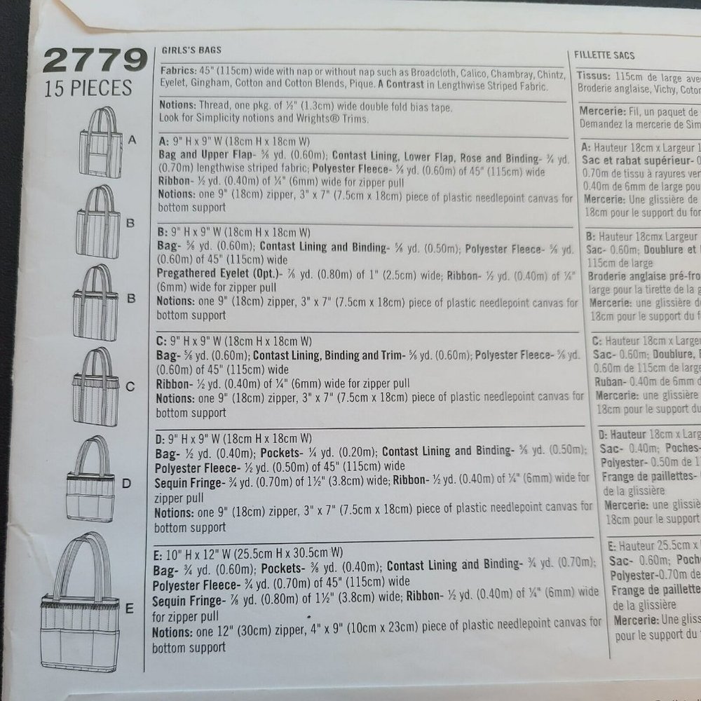 Simplicity 2779 Girls' Tote Bag Purse Gym Bag in 2 Sizes UNCUT Sewing Pattern - Picture 3 of 4